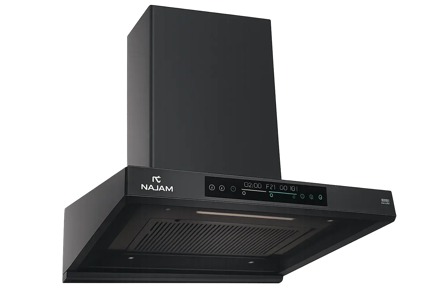 Najam chimney with curved glass front, matte black